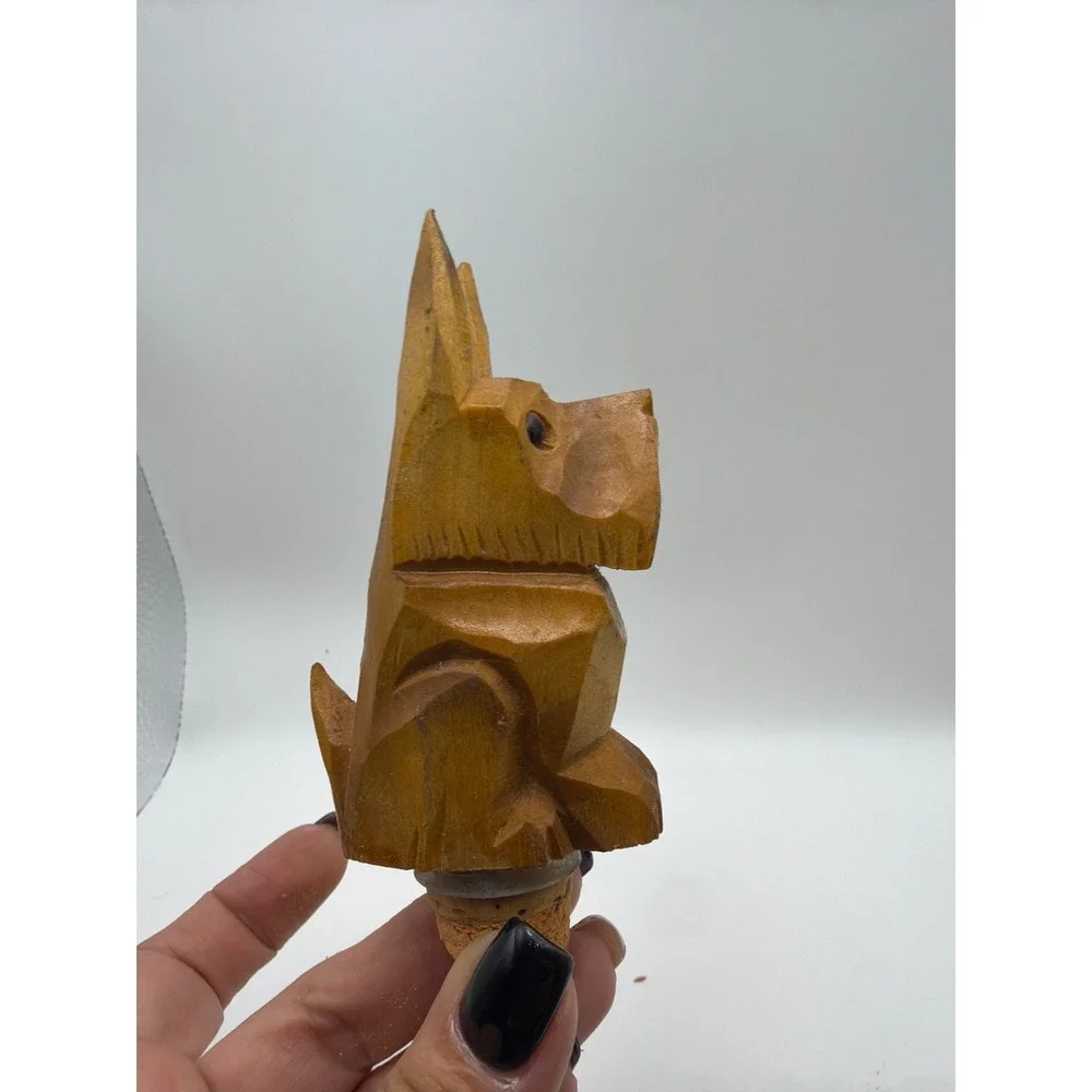 Vintage Hand Carved Wood Dog Bottle Stopper Set with Stand Scottie Folk Art